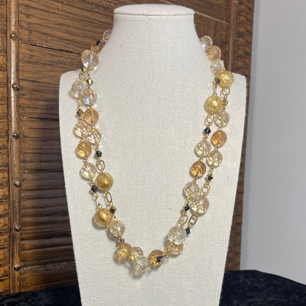 Vintage Glass Beaded Gold Tone Linked Double Strand Necklace